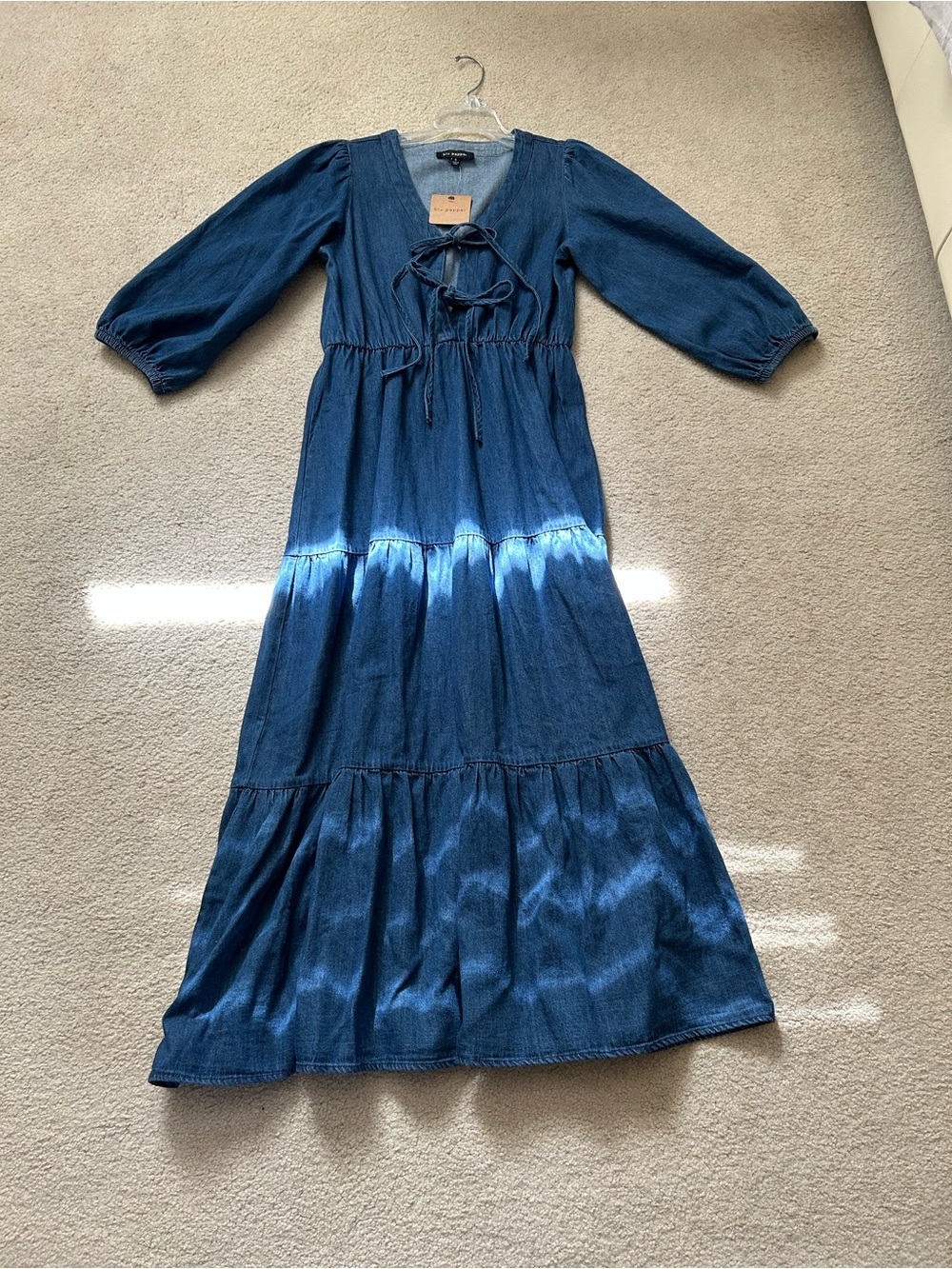 Women’s ' Blue Denim Maxi Dress with Tie Front.  Size Small.